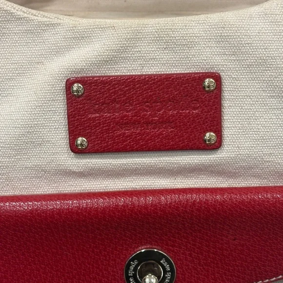 Kate Spade Red Leather & Cream Canvas Kent Stevie Shoulder Bag Satchel Sample - Picture 5 of 16